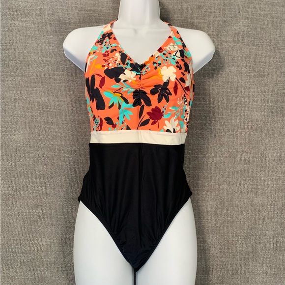 Sea Angel Halter Orange Floral Swimsuit Meadowdale Black Cheeky Bottom Womens L - Picture 2 of 14